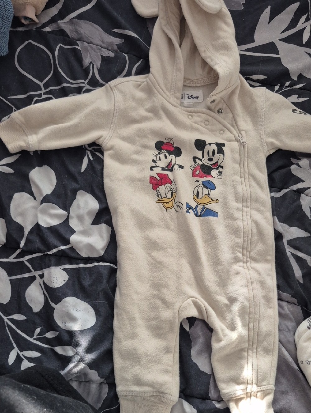 Disney Cream Hooded Baby One-Piece with Classic Characters